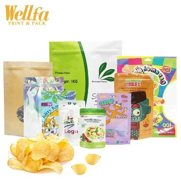 Doypack Plastica stampata personalizzata Prova di odore Commestibile Cerniera richiudibile Stand up Pouch Snack Popcorn Chips Caffè Spezie Noci Caramelle Biscotti Imballaggio alimentare Borsa in Mylar